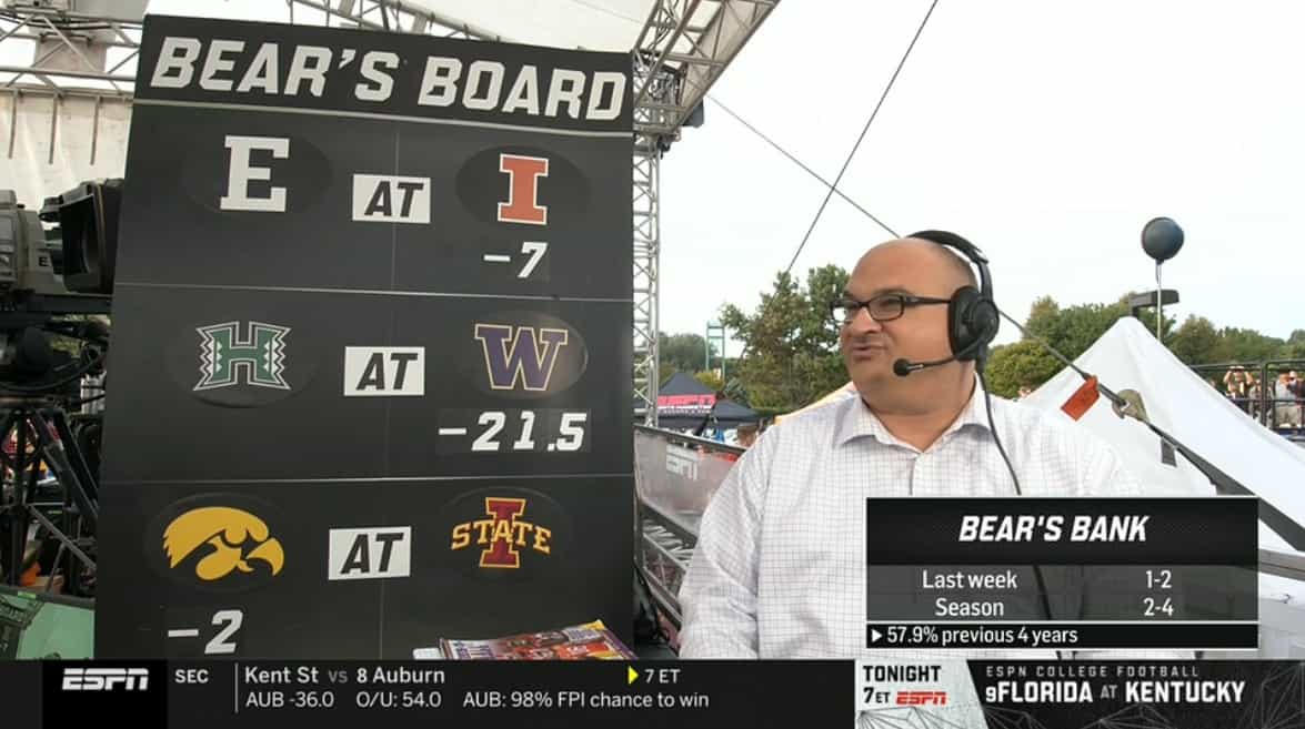 Chris Fallica Bear's Bank Week 7 2019 Picks On ESPN College Gameday  #SaturdaySelections - EvenYourOdds