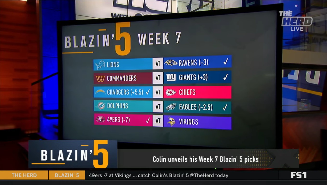 Blazing 5 Colin Cowherd Week 7 NFL Picks 2023 On Fox Sports