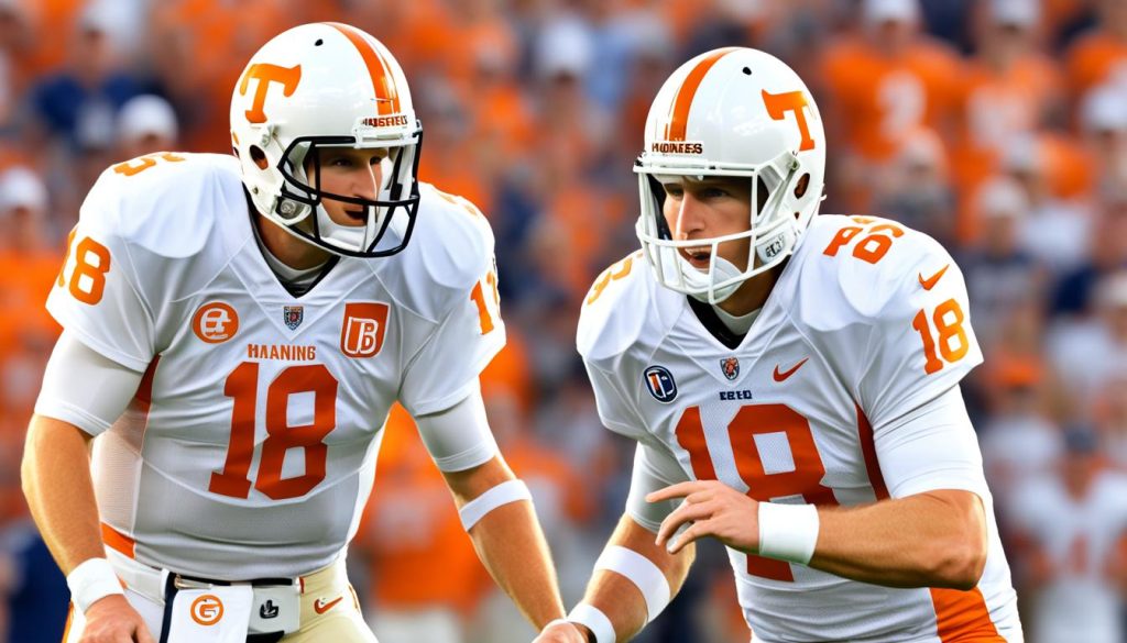 Peyton Manning and Drew Brees in their college uniforms