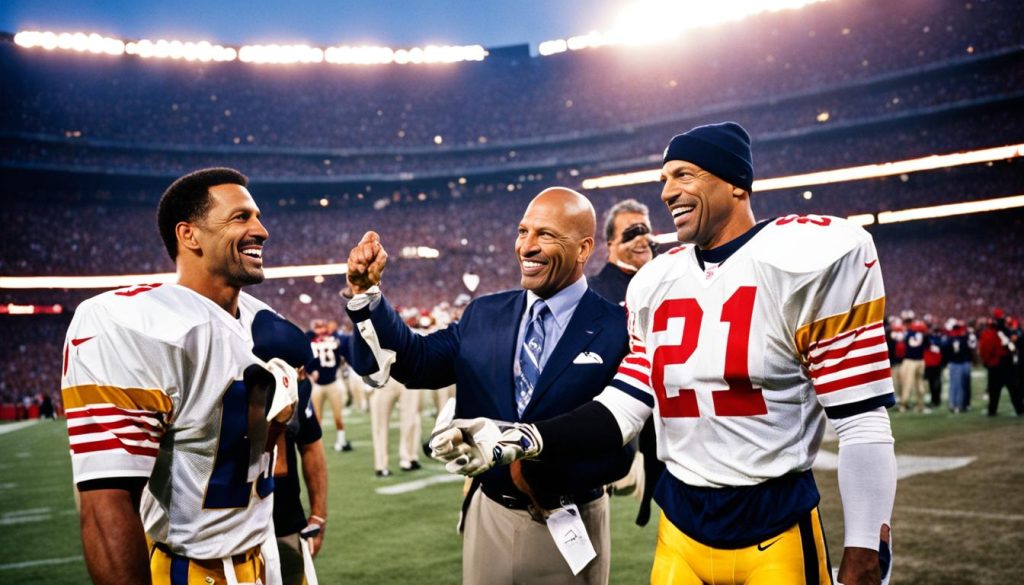 Rod Woodson and Ronnie Lott celebrating their clutch performances