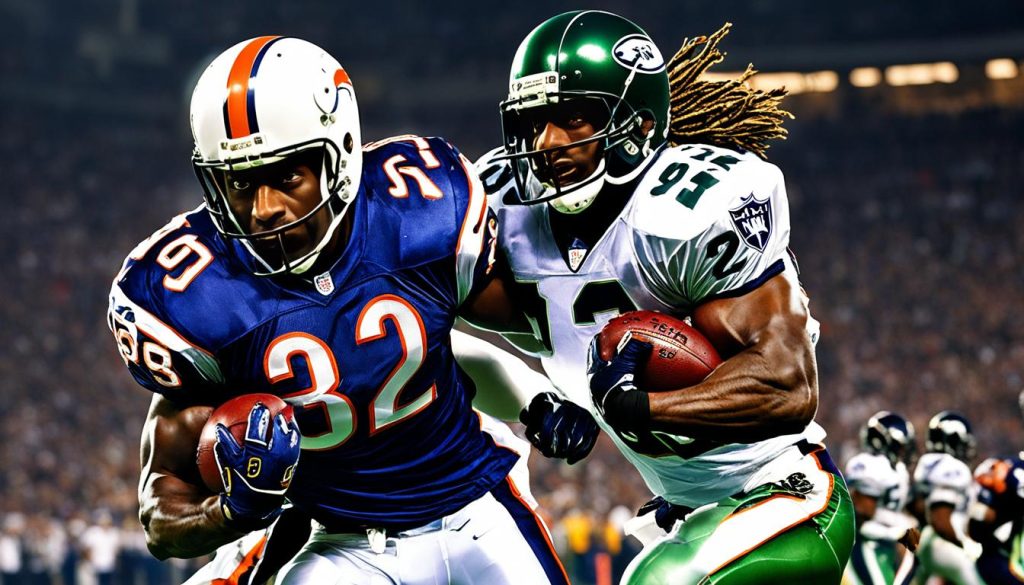 Terrell Davis and Marshall Faulk on NFL field